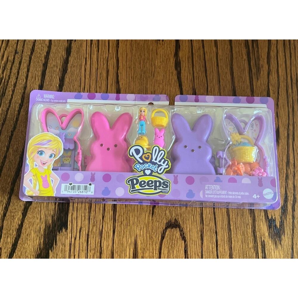 New Mattel Polly Pocket Easter Peeps 2 Bunny Compacts Set Pink Purple Ages 4+